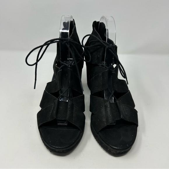 Eileen Fisher Black Lace Up Strappy Wedge Sandals Open Toe Size 9 Back Zipper - Picture 4 of 12